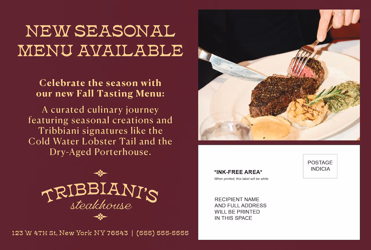 Steakhouse postcard back with offer copy and postal layout.
