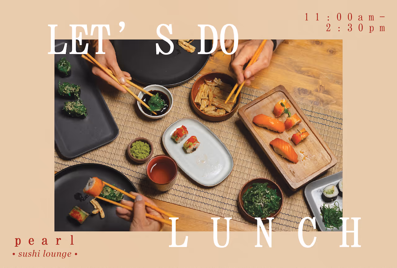 Sushi lunch postcard front promoting a local restaurant special.